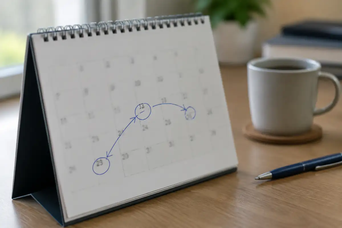 Calendrier de bureau avec plusieurs dates entourées et reliées par une flèche