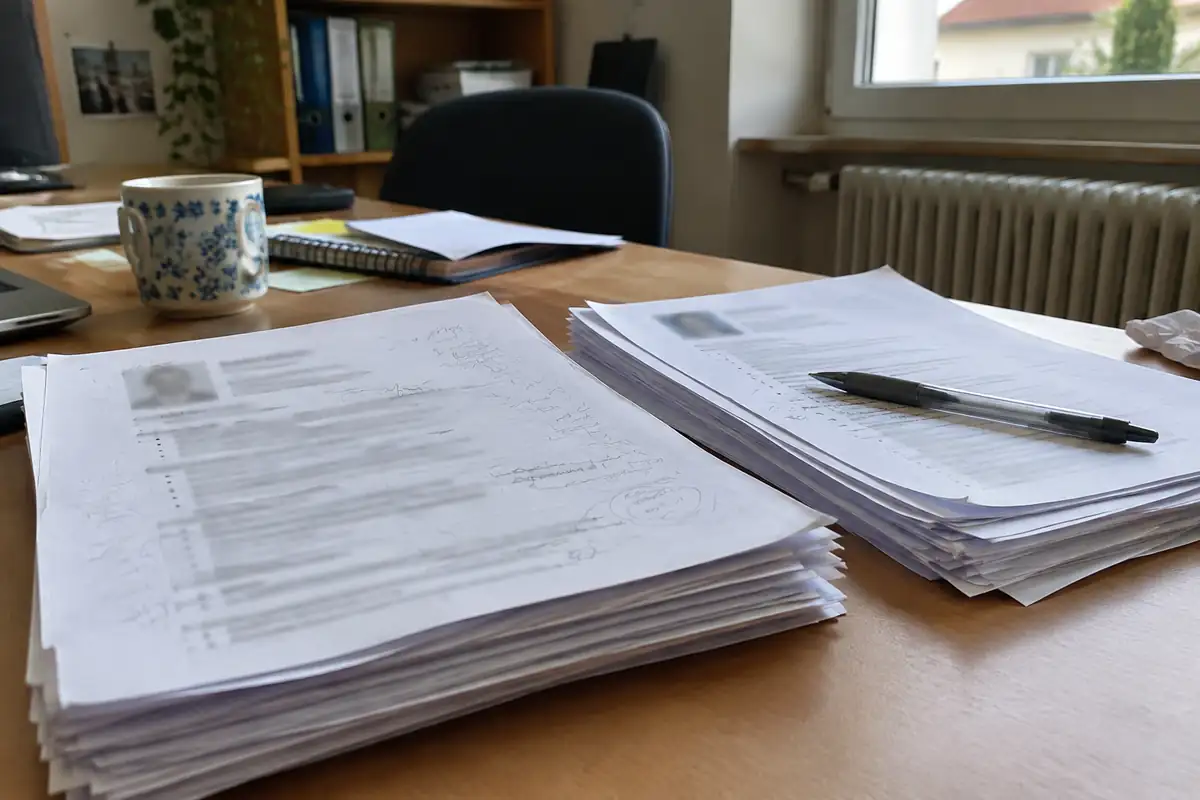 Pile de CV imprimés annotés au crayon et séparés en deux tas sur un bureau