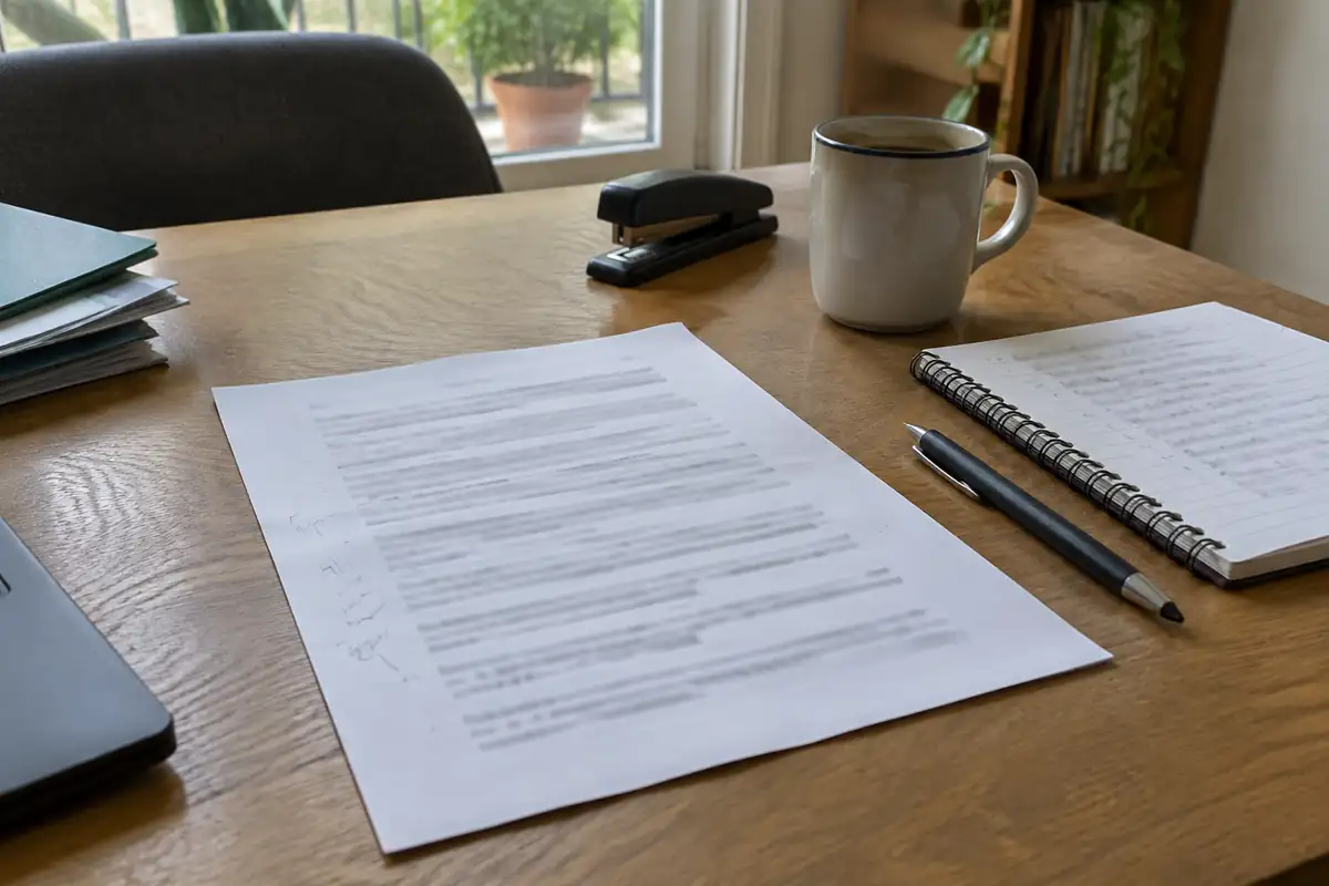 Document imprimé annoté au crayon, bloc-notes et stylo sur un bureau, pendant l'examen d'une candidature