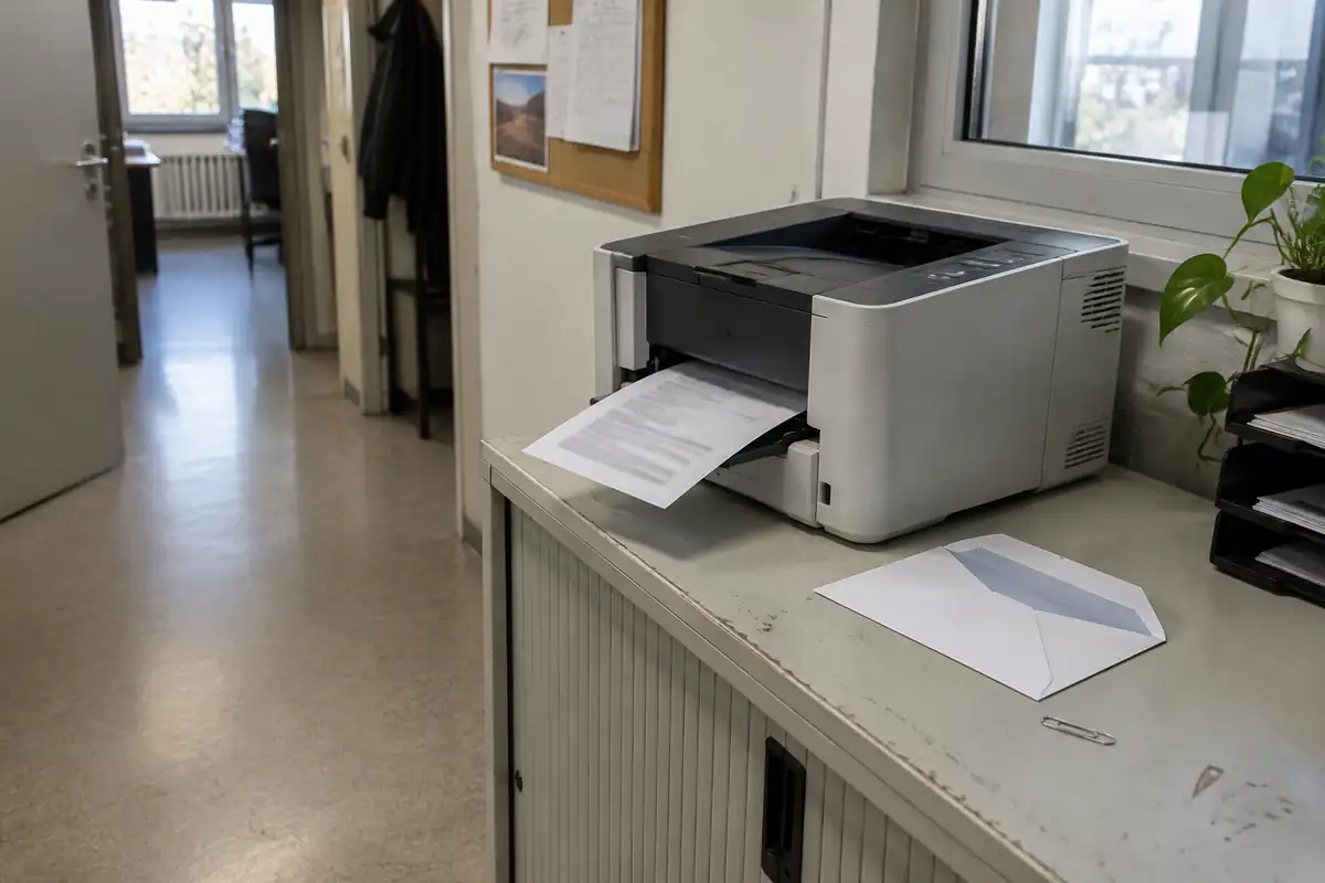 Imprimante de bureau qui sort une page, une enveloppe ouverte posée à côté