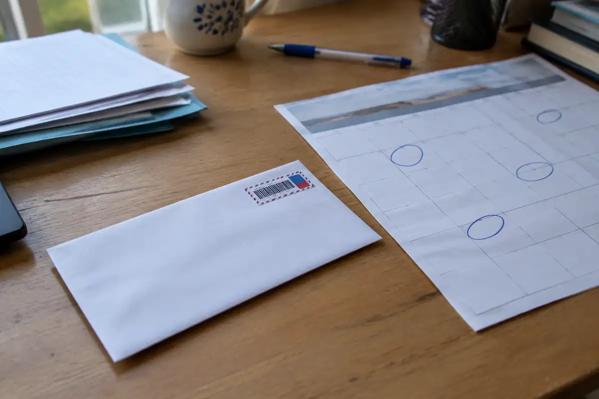 Enveloppe de lettre recommandée à côté d'un calendrier annoté