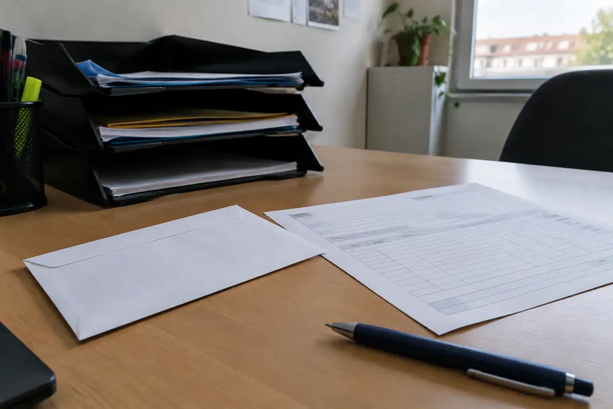 Enveloppe blanche, formulaire vierge et stylo posés sur un bureau de bureau, avec une corbeille à courrier en arrière-plan