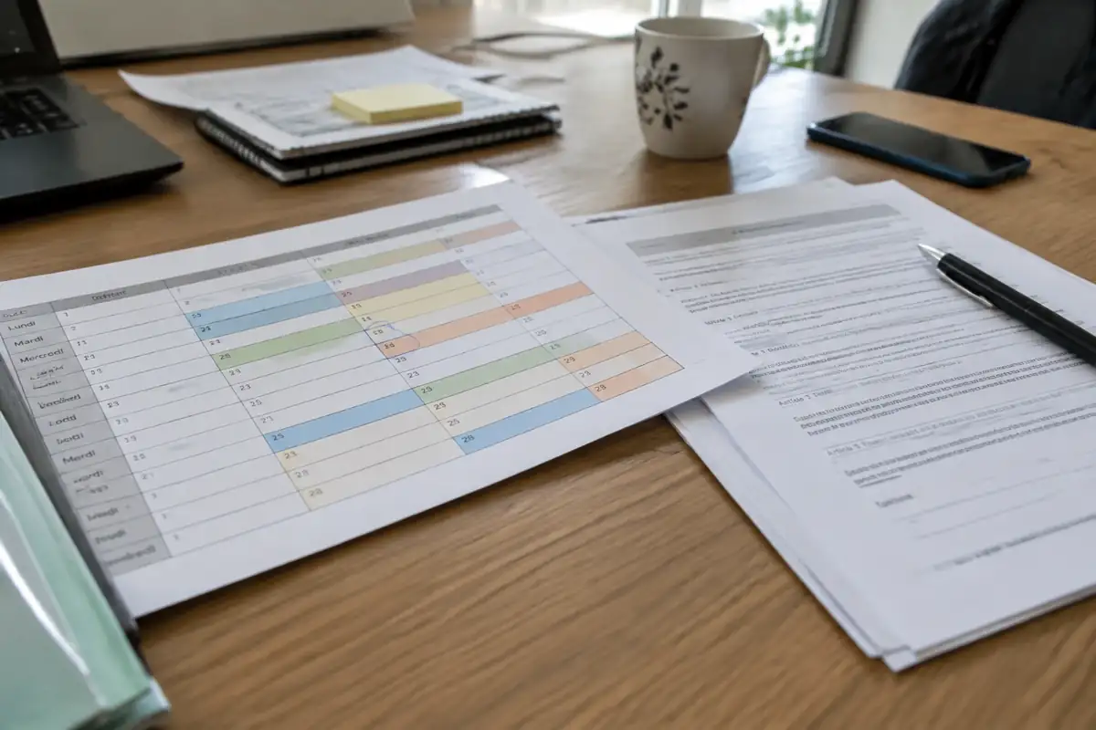 Calendrier de formation posé à côté d'un contrat de travail et d'un stylo