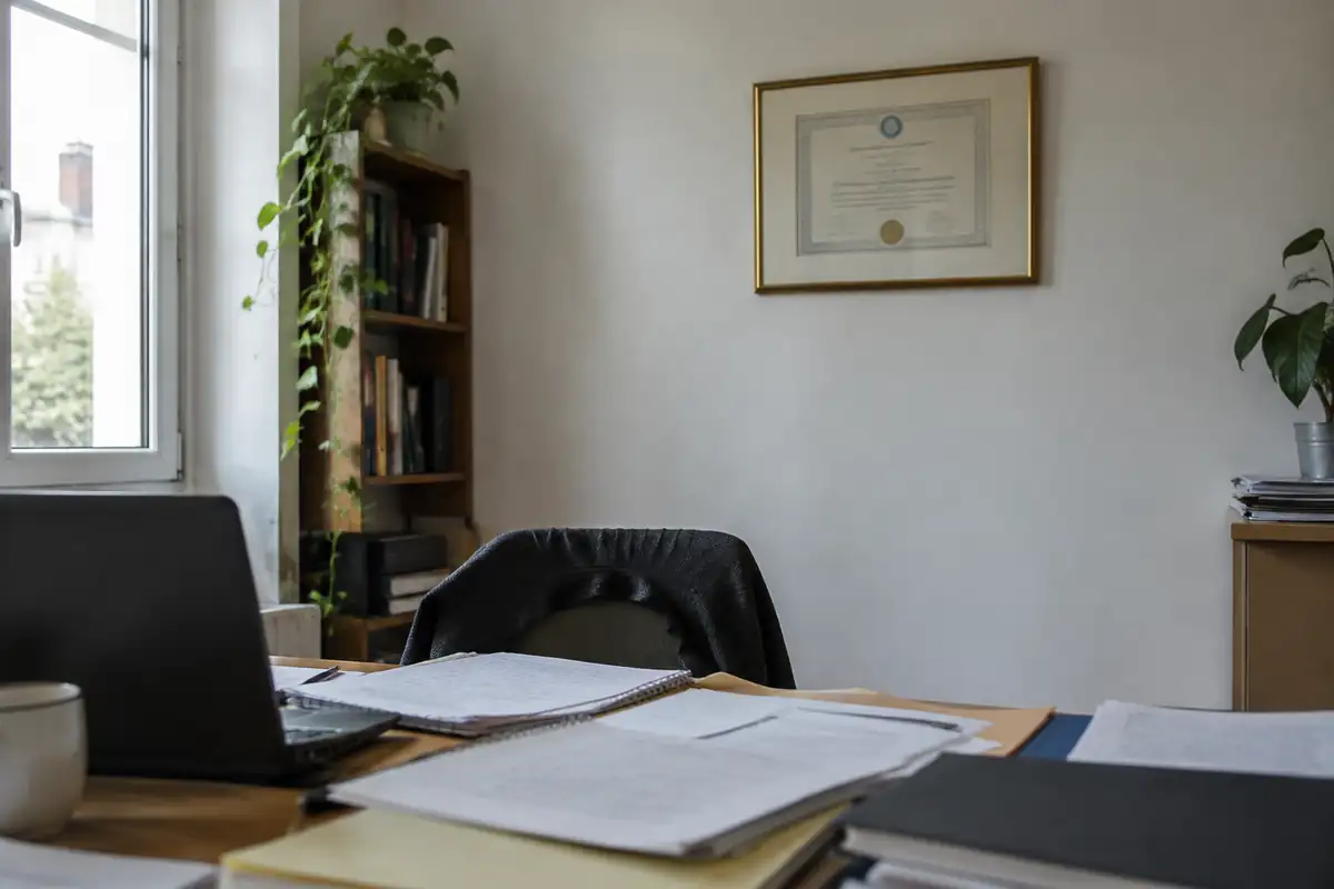 Diplôme encadré accroché sur un mur blanc, texte illisible