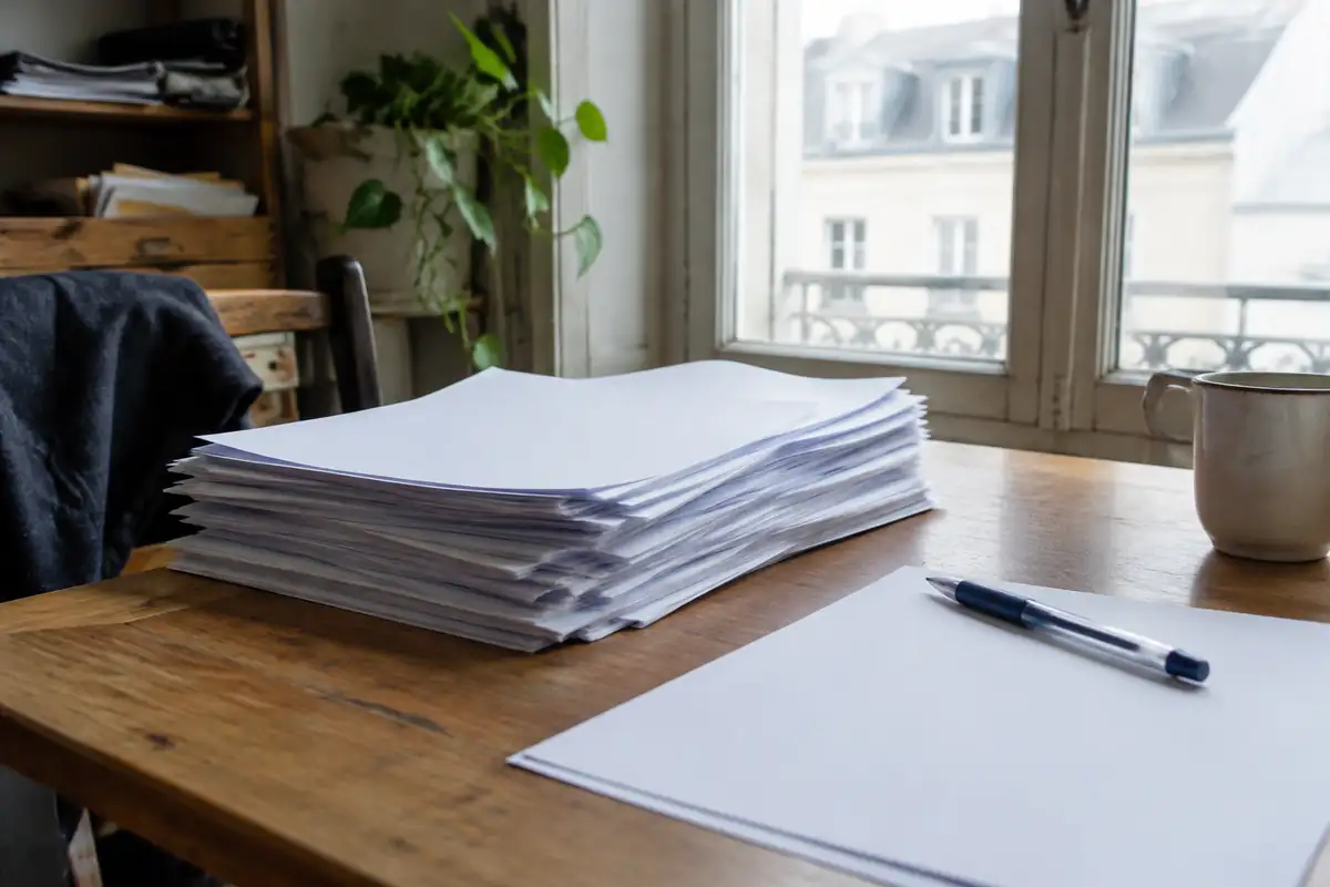 Pile de feuilles vierges et stylo devant une fenêtre lumineuse
