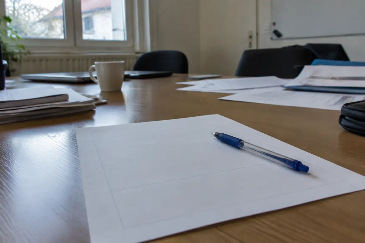 Feuille d'exercice vierge et stylo sur une table de réunion