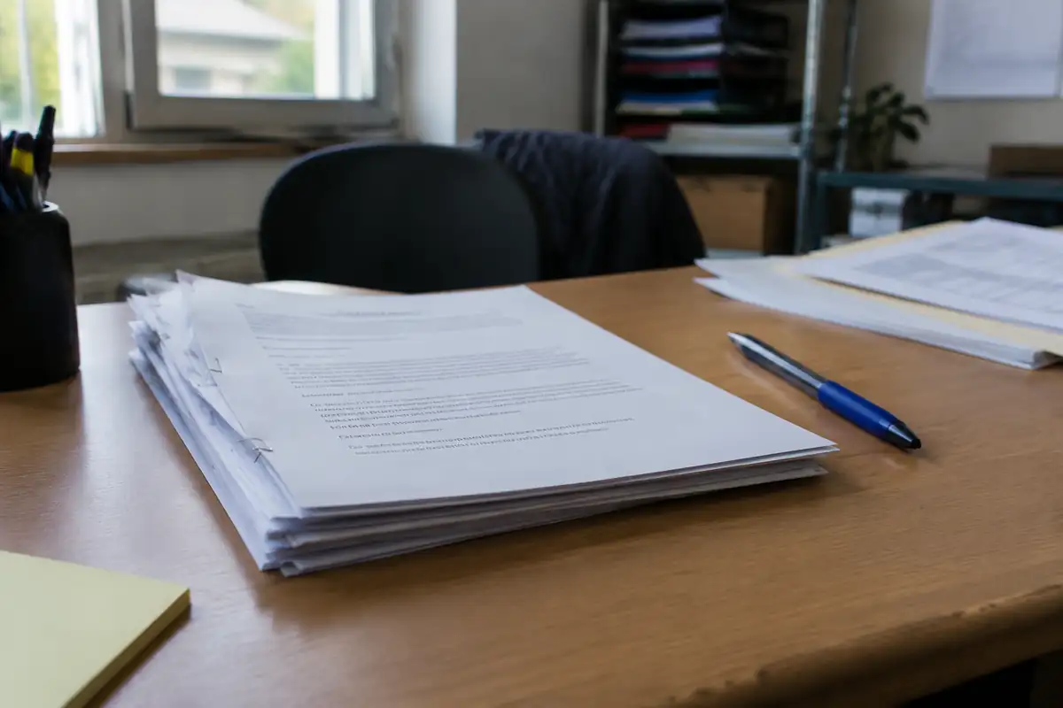 Pile de feuilles agrafées et stylo sur un bureau
