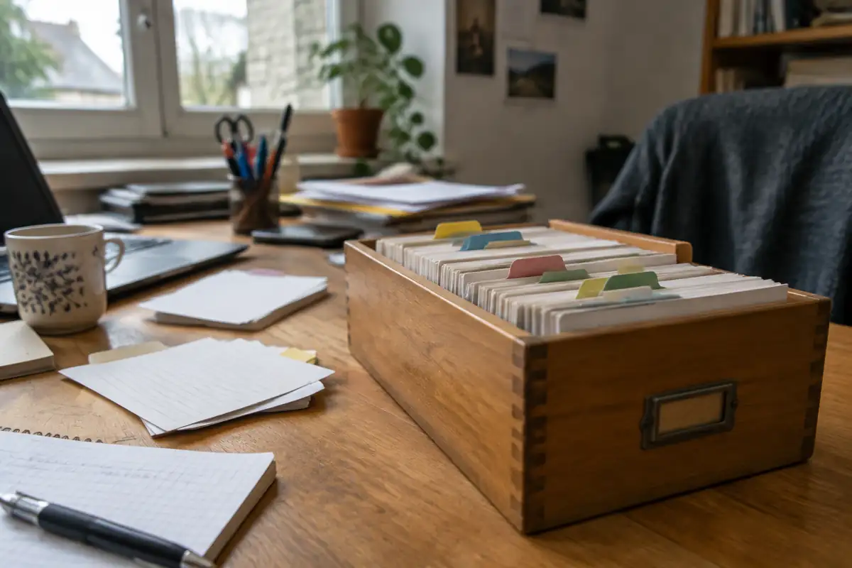 Fiches de candidats rangées par onglets dans un bac en bois sur un bureau