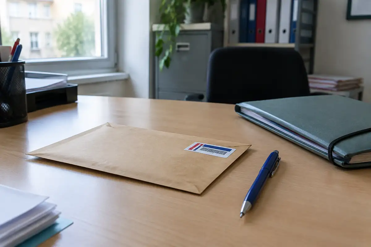 Enveloppe recommandée et stylo sur un bureau d'administration