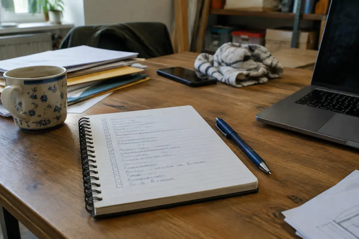Liste de contrôle manuscrite avec des cases à cocher sur un carnet