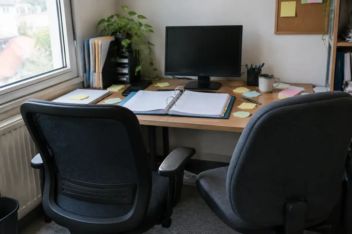 Poste de travail avec un classeur de passation ouvert
