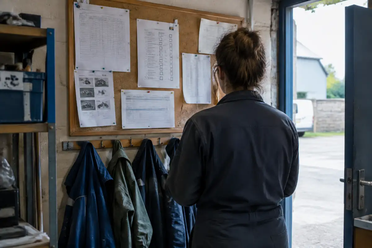 Salariée de dos devant un panneau où sont punaisés des documents, à l'entrée d'un petit atelier