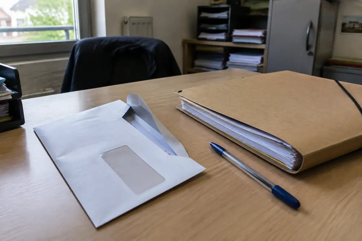 Lettre recommandée ouverte à côté d'un dossier du personnel